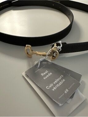 H&M Black Suede Belt with Gold Horsebit Detail